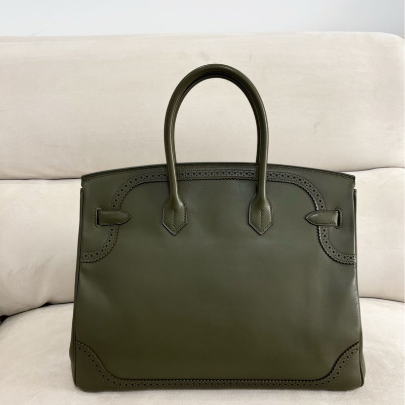 新到📍HERMES/愛馬仕 35 Ghillies 橄欖綠蕾絲絕版款淡金扣Tad皮 淡金扣框Q刻全套無票图-1