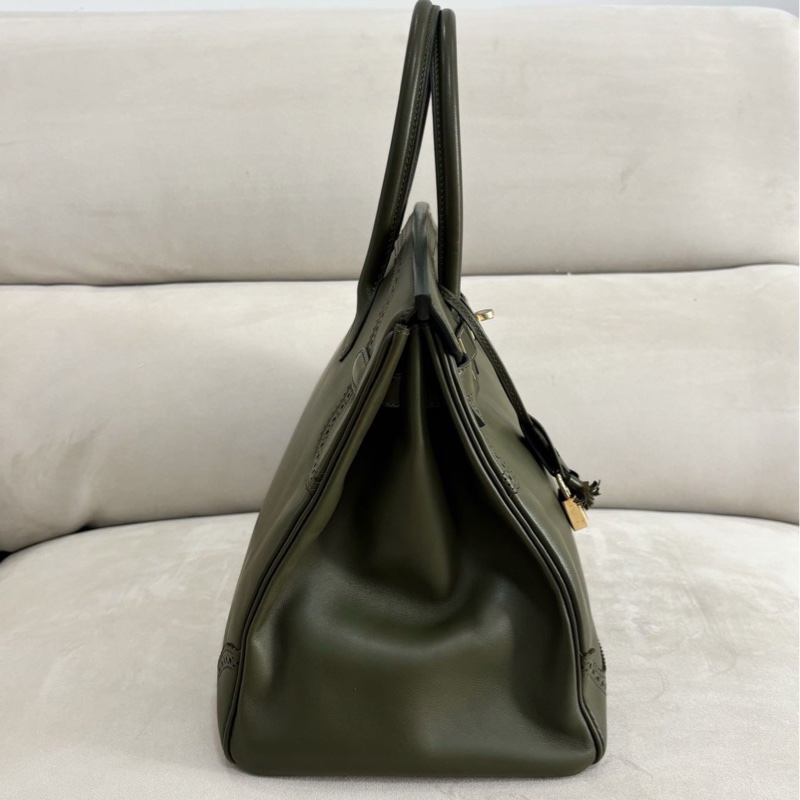 新到📍HERMES/愛馬仕 35 Ghillies 橄欖綠蕾絲絕版款淡金扣Tad皮 淡金扣框Q刻全套無票图-2