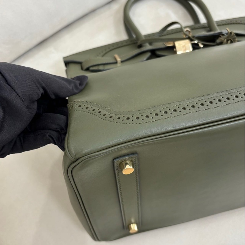 新到📍HERMES/愛馬仕 35 Ghillies 橄欖綠蕾絲絕版款淡金扣Tad皮 淡金扣框Q刻全套無票图-3
