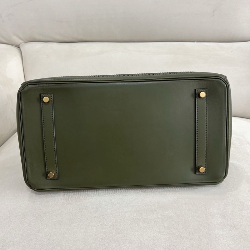 新到📍HERMES/愛馬仕 35 Ghillies 橄欖綠蕾絲絕版款淡金扣Tad皮 淡金扣框Q刻全套無票图-6