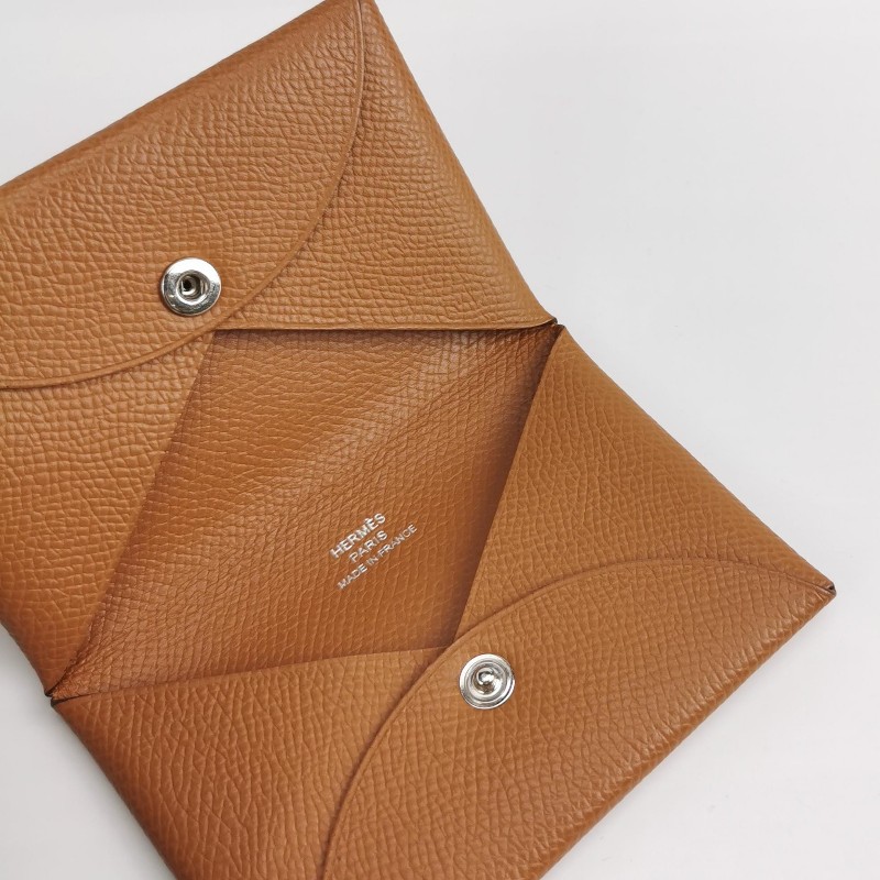 Hermes Calvi摺疊卡包Epsom銀扣37金棕U刻-5