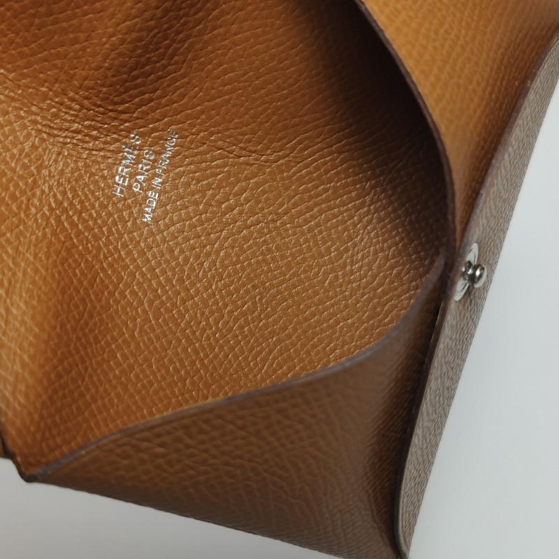 Hermes Calvi摺疊卡包Epsom銀扣37金棕U刻-9
