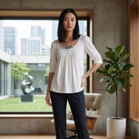 BURBERRY 藍標 白色假二件式格紋戰馬上衣