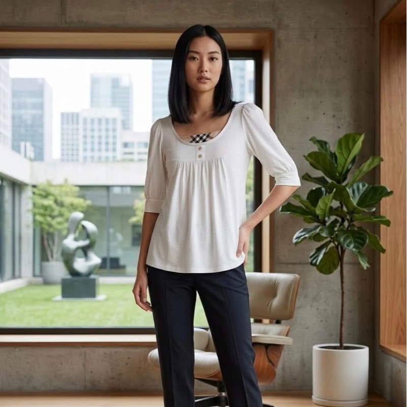 BURBERRY 藍標 白色假二件式格紋戰馬上衣-0