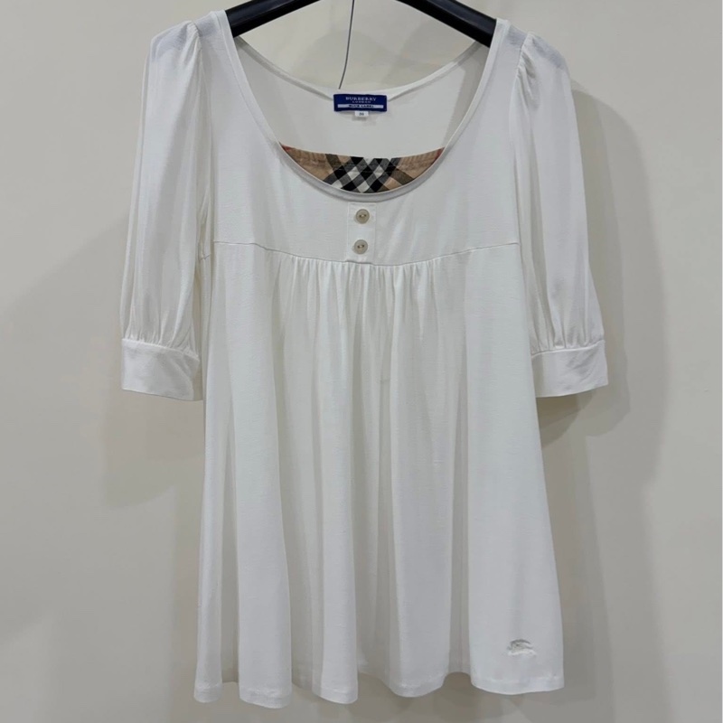 BURBERRY 藍標 白色假二件式格紋戰馬上衣-1