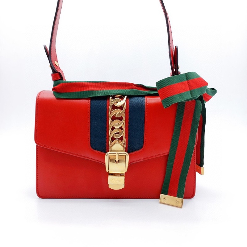 Gucci /古馳！Sylvie系列塞爾維亞，紅色中號絲帶包-0