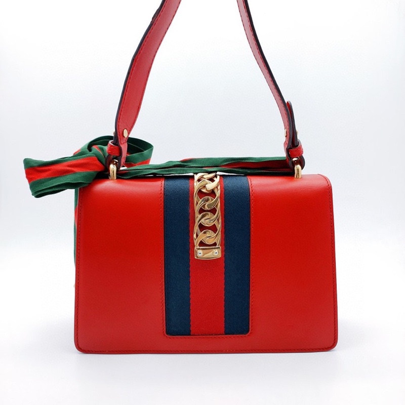 Gucci /古馳！Sylvie系列塞爾維亞，紅色中號絲帶包-1