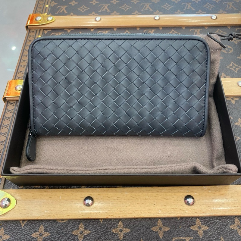 閒置未使用葆蝶家/Bottega Veneta 編織長款錢包 黑色 羊皮 長 19 x 寬 3 x 高 10 cm。-0