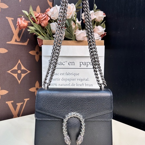 Gucci古馳！Dionysus酒神黑色牛皮鑽扣小號鏈條包