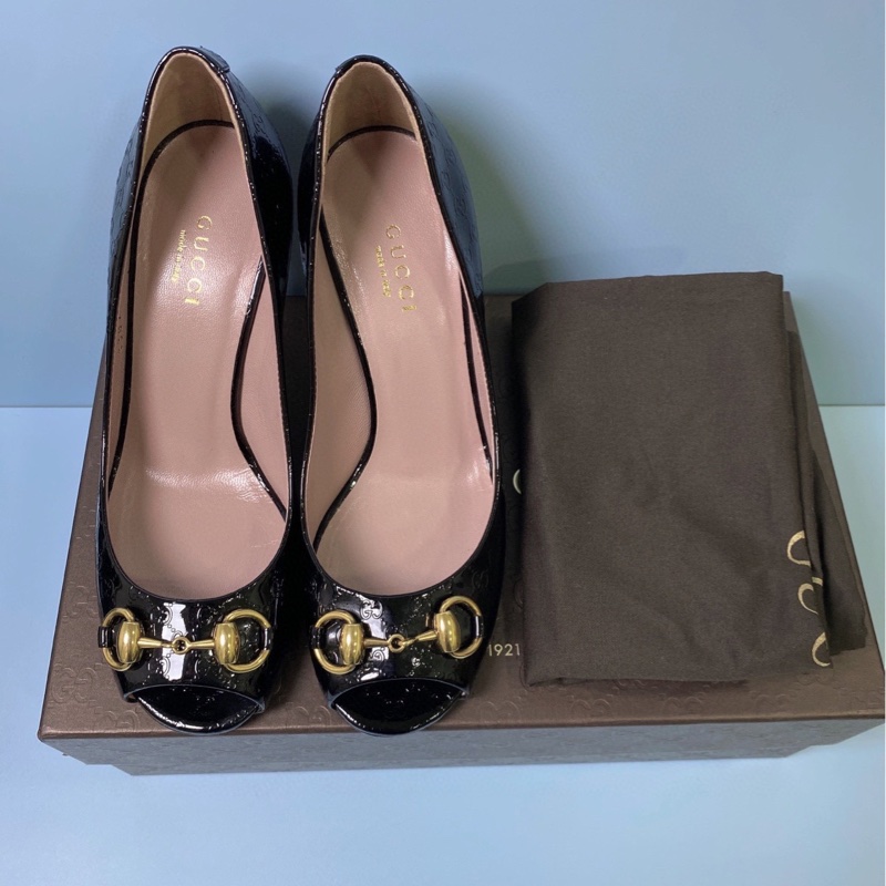 Gucci古馳！馬銜扣雙G壓紋魚嘴黑色高跟鞋，，已貼底34.5码-1