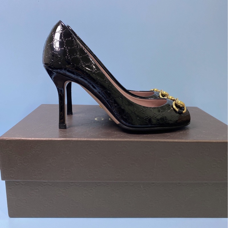 Gucci古馳！馬銜扣雙G壓紋魚嘴黑色高跟鞋，，已貼底34.5码-2