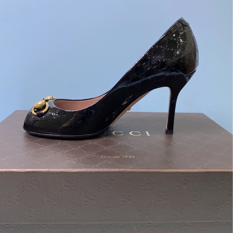 Gucci古馳！馬銜扣雙G壓紋魚嘴黑色高跟鞋，，已貼底34.5码-3
