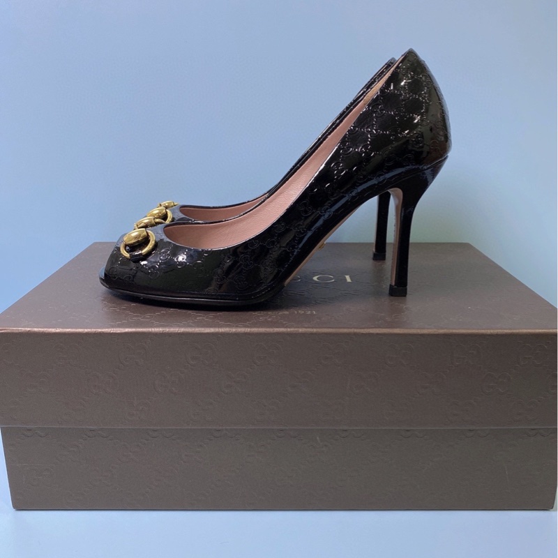 Gucci古馳！馬銜扣雙G壓紋魚嘴黑色高跟鞋，，已貼底34.5码-5
