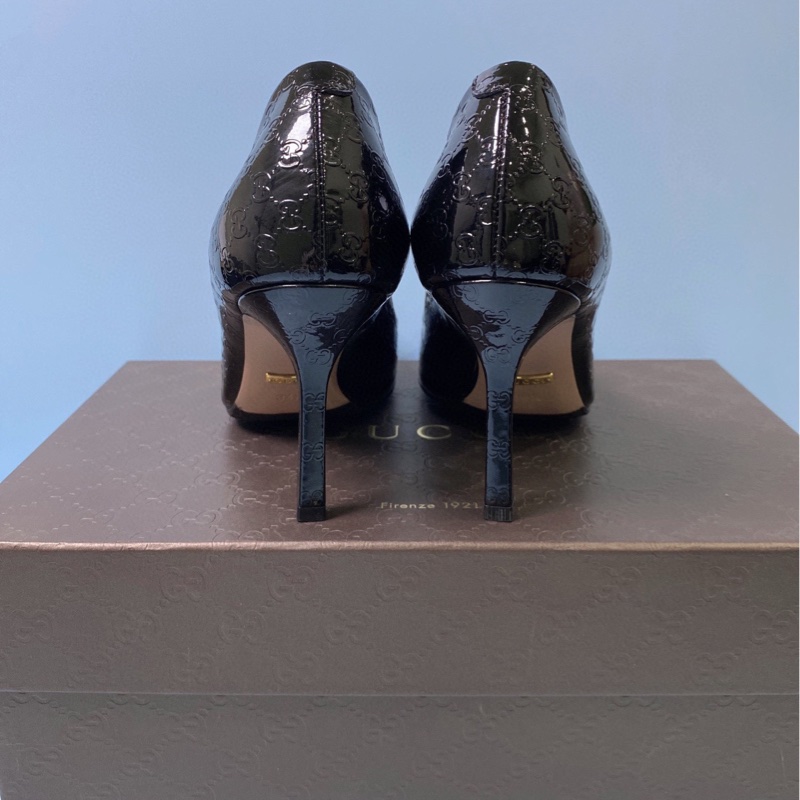 Gucci古馳！馬銜扣雙G壓紋魚嘴黑色高跟鞋，，已貼底34.5码-6