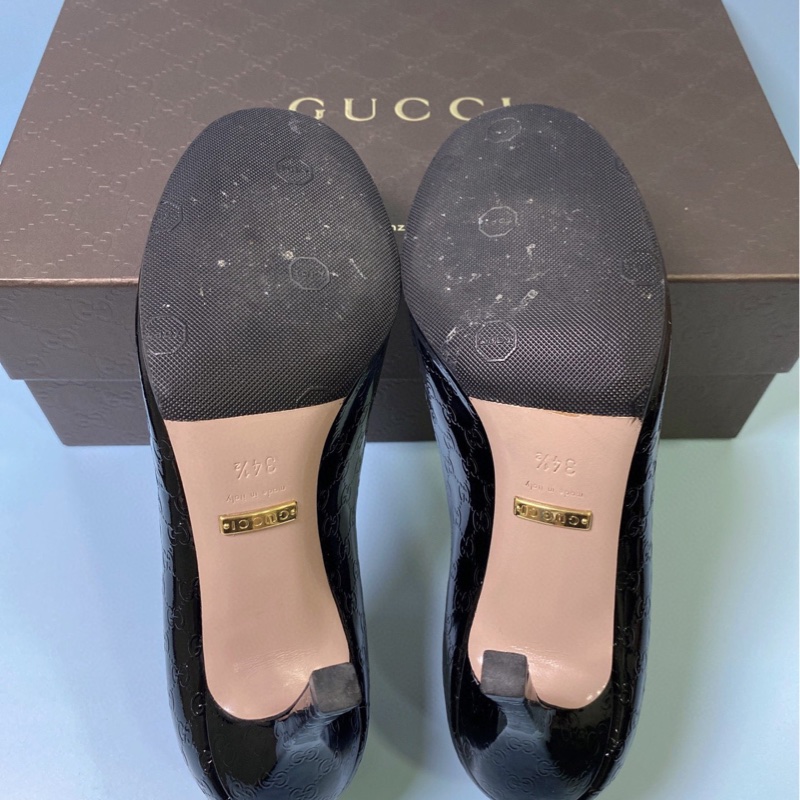 Gucci古馳！馬銜扣雙G壓紋魚嘴黑色高跟鞋，，已貼底34.5码-7