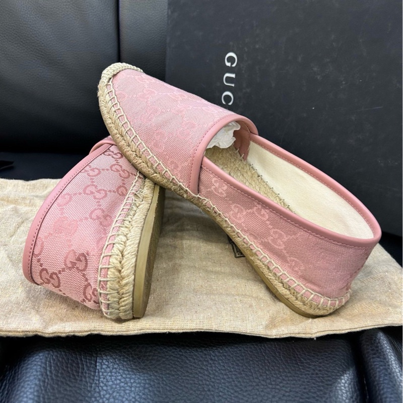 閒置新Gucci古馳！滿印雙G粉色麻底漁夫鞋休閒單鞋-5
