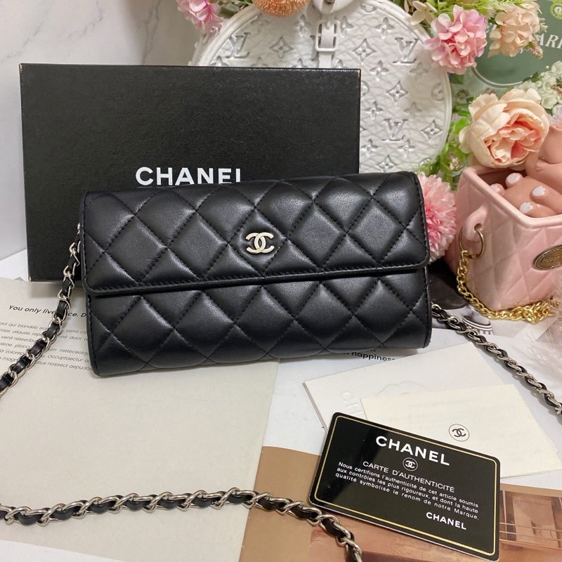 𝙲𝕙𝕒𝕟𝕖𝕝經典雙C銀釦翻蓋長夾🏅 #附鏈條改造組升級woc背-1