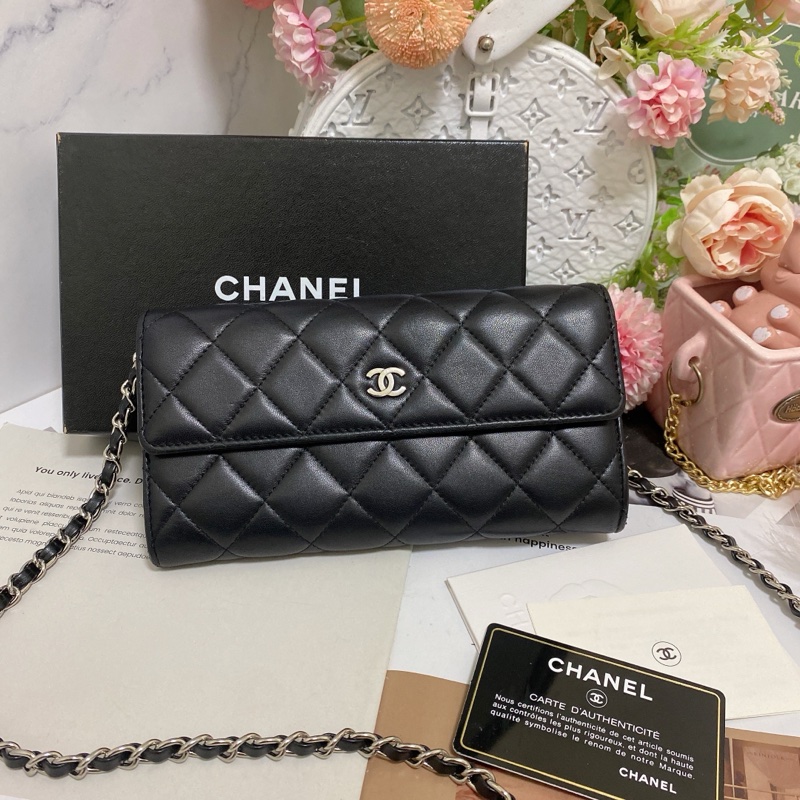 𝙲𝕙𝕒𝕟𝕖𝕝經典雙C銀釦翻蓋長夾🏅 #附鏈條改造組升級woc背-2