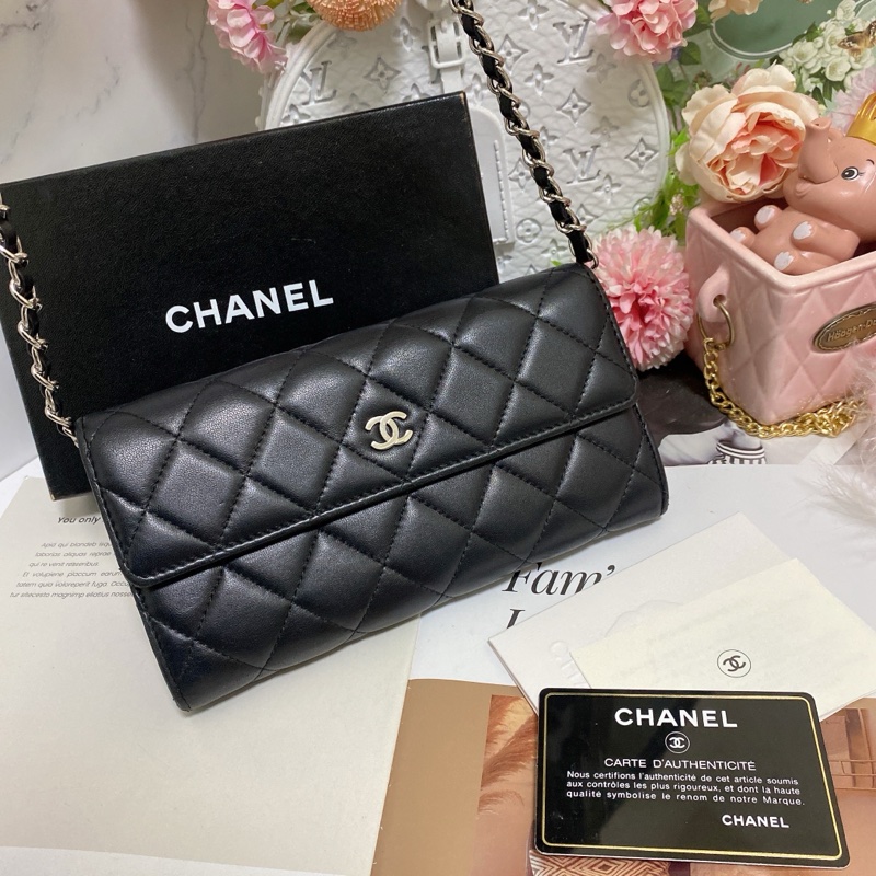 𝙲𝕙𝕒𝕟𝕖𝕝經典雙C銀釦翻蓋長夾🏅 #附鏈條改造組升級woc背-4