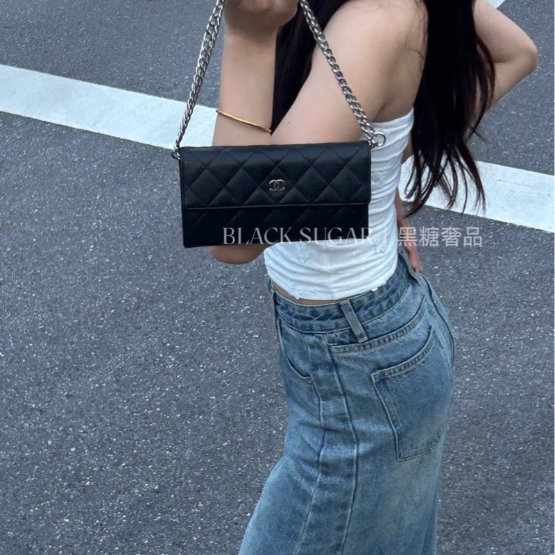 𝙲𝕙𝕒𝕟𝕖𝕝經典雙C銀釦翻蓋長夾🏅 #附鏈條改造組升級woc背-33