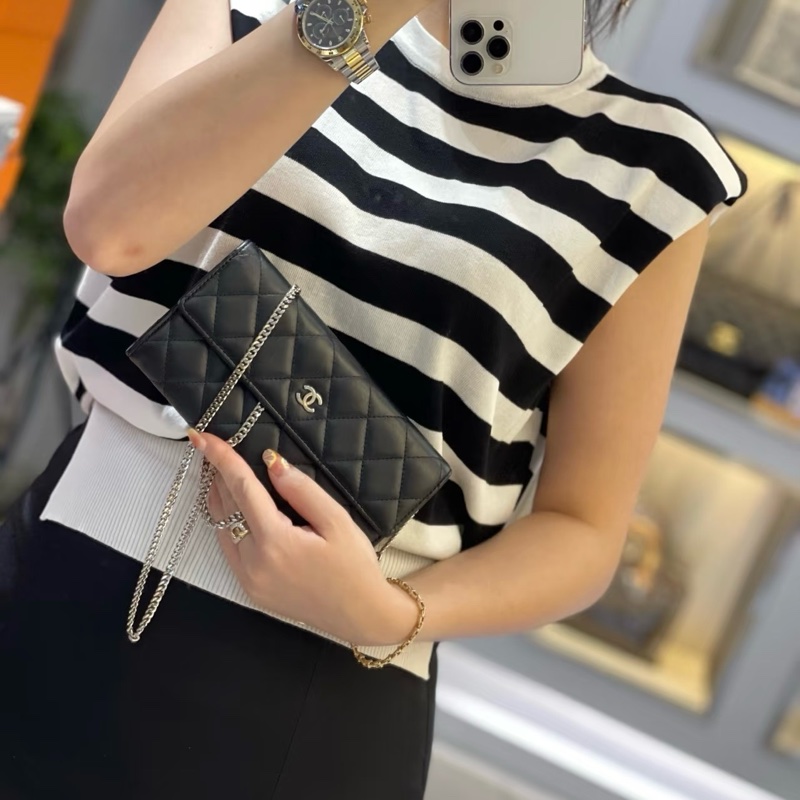 𝙲𝕙𝕒𝕟𝕖𝕝經典雙C銀釦翻蓋長夾🏅 #附鏈條改造組升級woc背-35