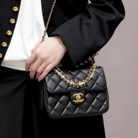 貴氣千金風🦢✨Chanel香奈兒黑金菱格紋羊皮珍珠鏈條方胖子單肩斜挎手提包