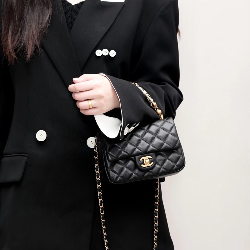 貴氣千金風🦢✨Chanel香奈兒黑金菱格紋羊皮珍珠鏈條方胖子單肩斜挎手提包-1