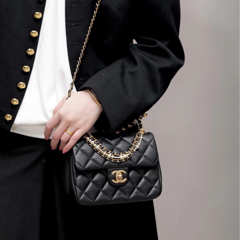 貴氣千金風🦢✨Chanel香奈兒黑金菱格紋羊皮珍珠鏈條方胖子單肩斜挎手提包-2