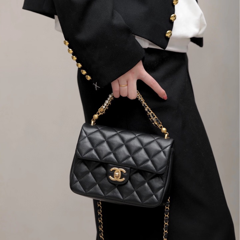 貴氣千金風🦢✨Chanel香奈兒黑金菱格紋羊皮珍珠鏈條方胖子單肩斜挎手提包-3
