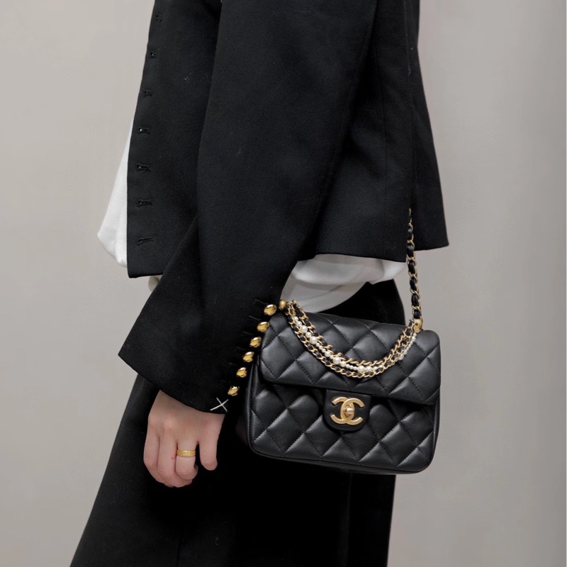 貴氣千金風🦢✨Chanel香奈兒黑金菱格紋羊皮珍珠鏈條方胖子單肩斜挎手提包-4