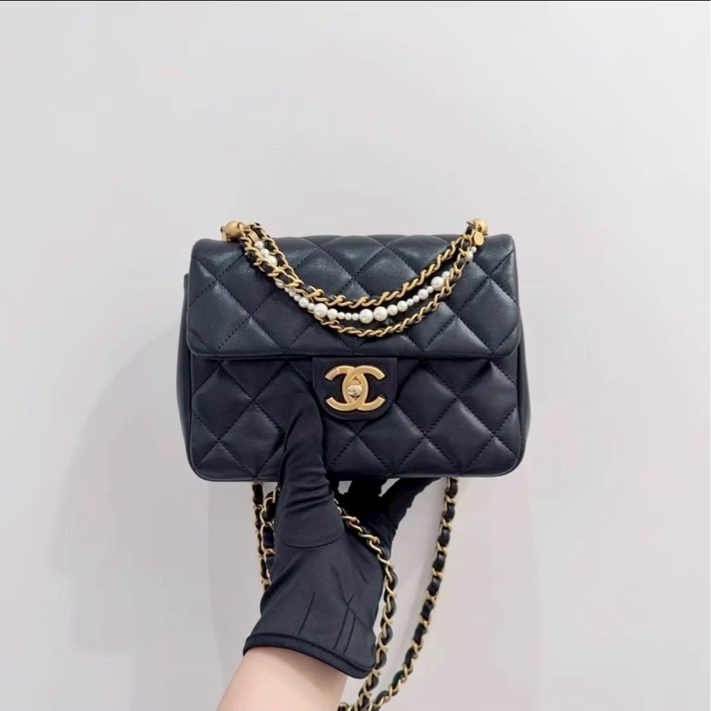 貴氣千金風🦢✨Chanel香奈兒黑金菱格紋羊皮珍珠鏈條方胖子單肩斜挎手提包-8