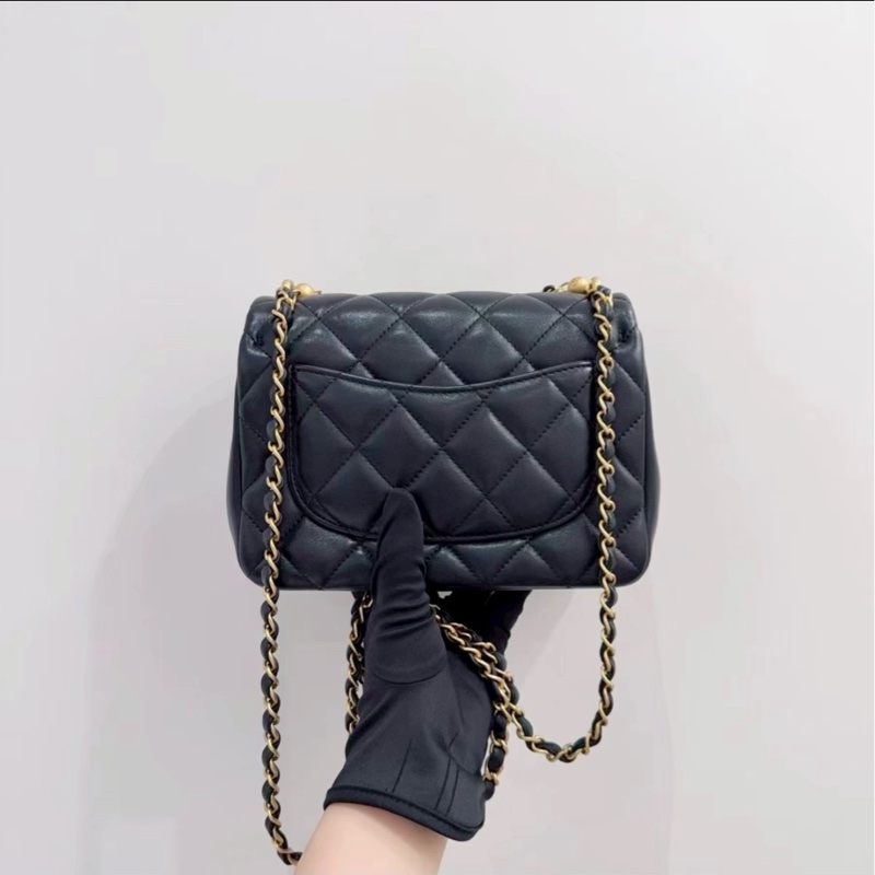 貴氣千金風🦢✨Chanel香奈兒黑金菱格紋羊皮珍珠鏈條方胖子單肩斜挎手提包-9