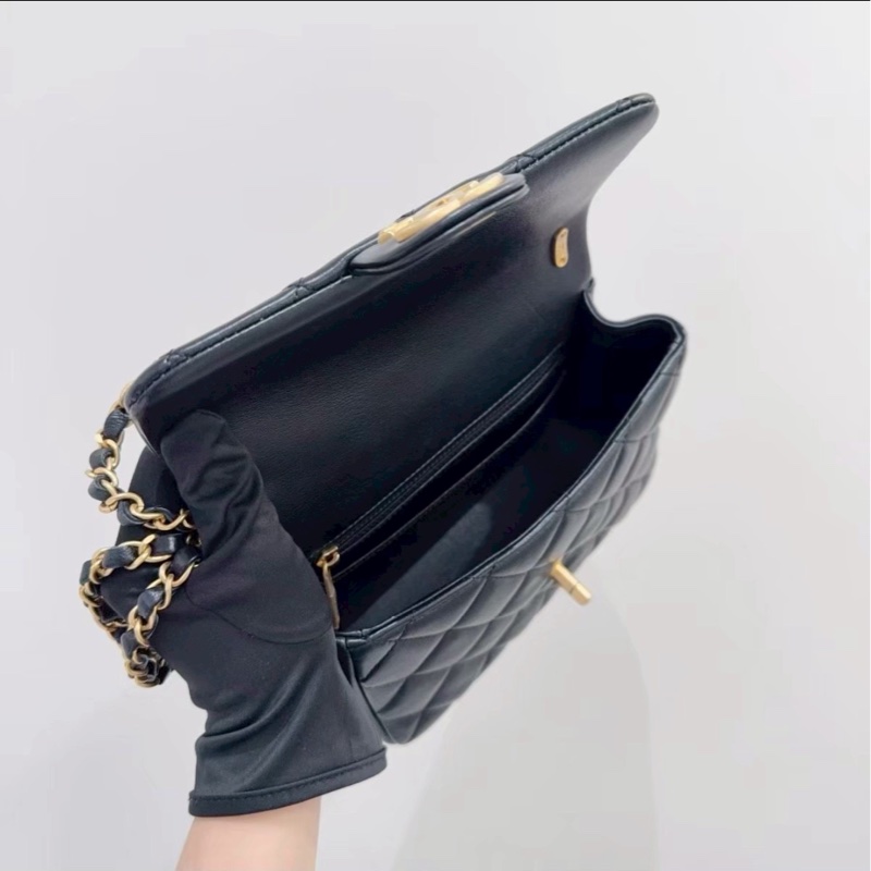 貴氣千金風🦢✨Chanel香奈兒黑金菱格紋羊皮珍珠鏈條方胖子單肩斜挎手提包-11