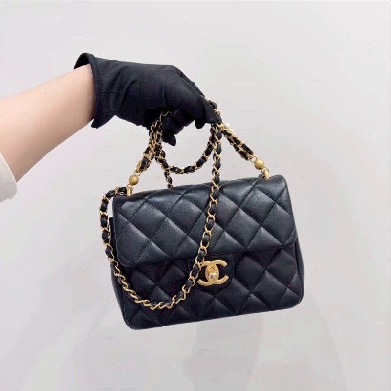 貴氣千金風🦢✨Chanel香奈兒黑金菱格紋羊皮珍珠鏈條方胖子單肩斜挎手提包-12