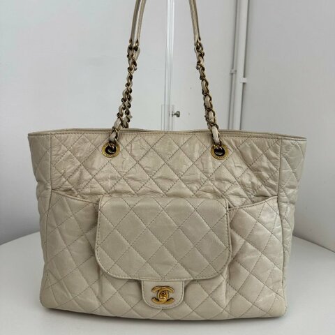 香奈兒/Chanel 奶茶油蠟皮肩背托特包