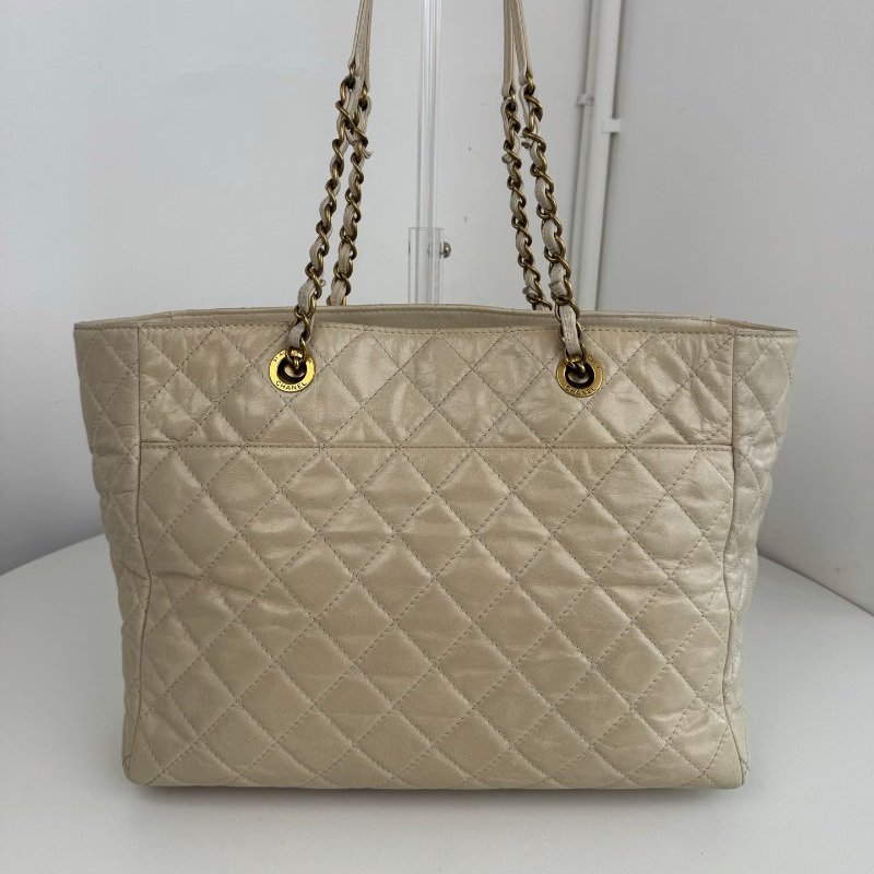 香奈兒/Chanel 奶茶油蠟皮肩背托特包-1