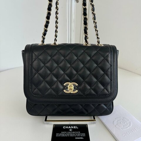 香奈兒/Chanel 黑金菱格口蓋方胖子 鏈條肩背包