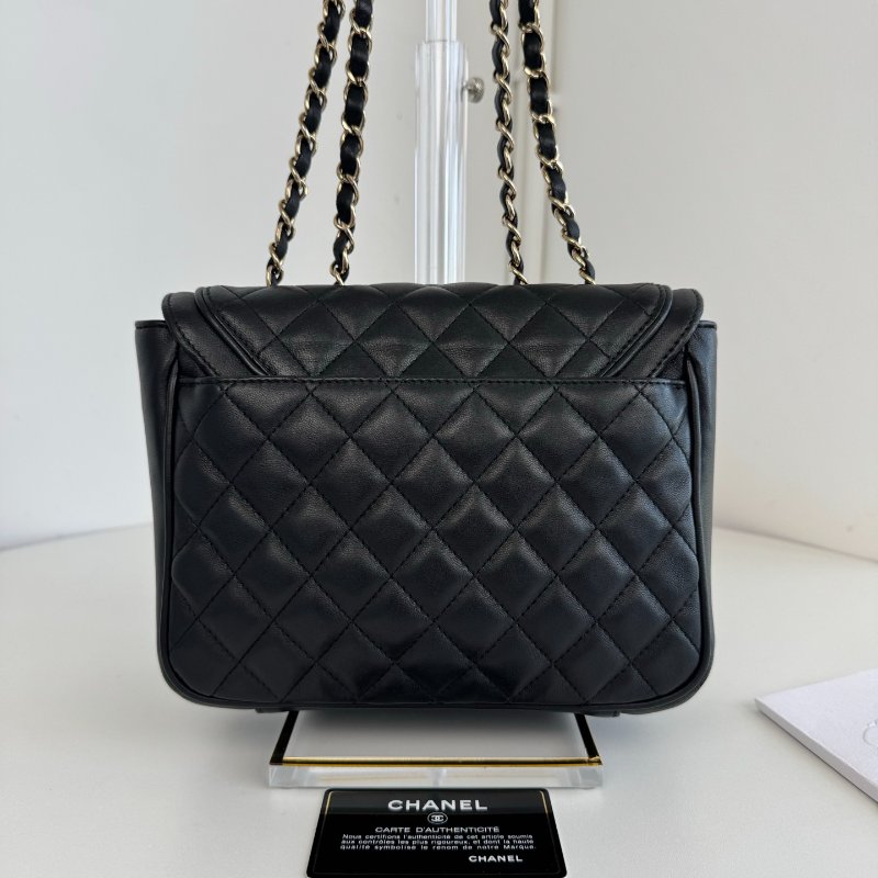 香奈兒/Chanel 黑金菱格口蓋方胖子 鏈條肩背包-1