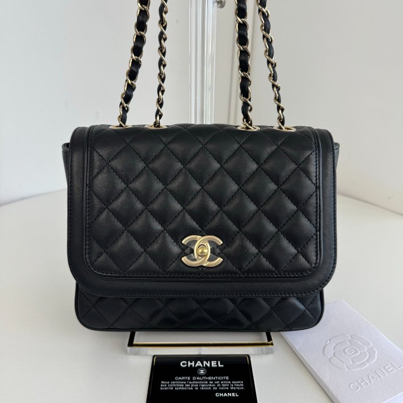 香奈兒/Chanel 黑金菱格口蓋方胖子 鏈條肩背包-5