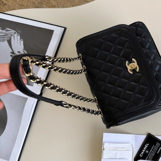 香奈兒/Chanel 黑金菱格口蓋方胖子 鏈條肩背包-9