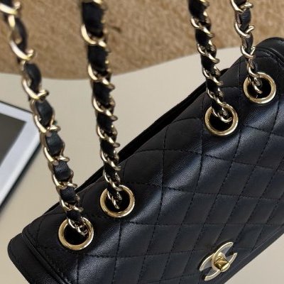 香奈兒/Chanel 黑金菱格口蓋方胖子 鏈條肩背包-10