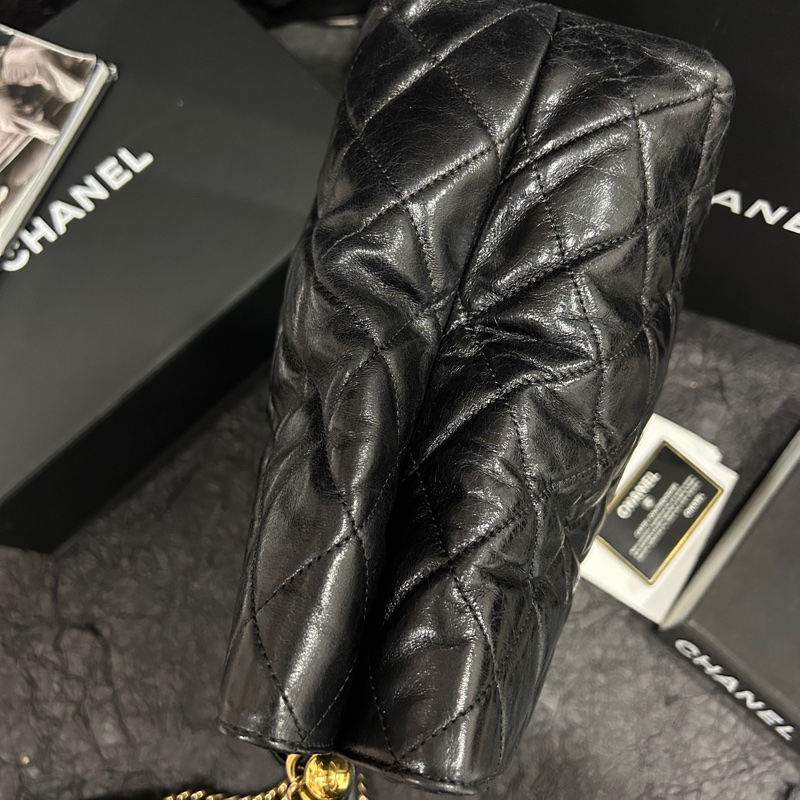 Chanel香奈兒 黑金油蠟牛皮托特包單肩包 底長31cm 23開有卡。-4