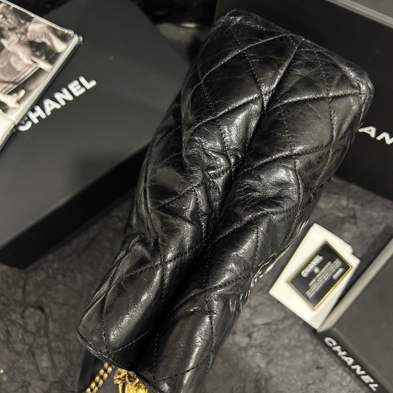 Chanel香奈兒 黑金油蠟牛皮托特包單肩包 底長31cm 23開有卡。-5