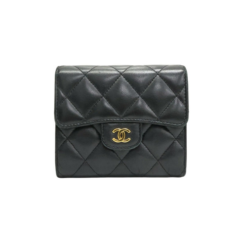 黑色 菱格紋 羊皮 扣式 三折 短夾 無卡【CHANEL 香奈兒】 AP0231