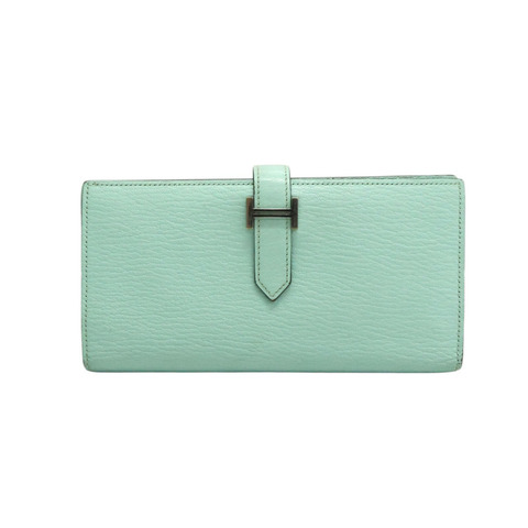 馬卡龍藍綠色 Chevre山羊皮 Bearn 兩折 長夾 A刻 銀釦【HERMES 愛馬仕】