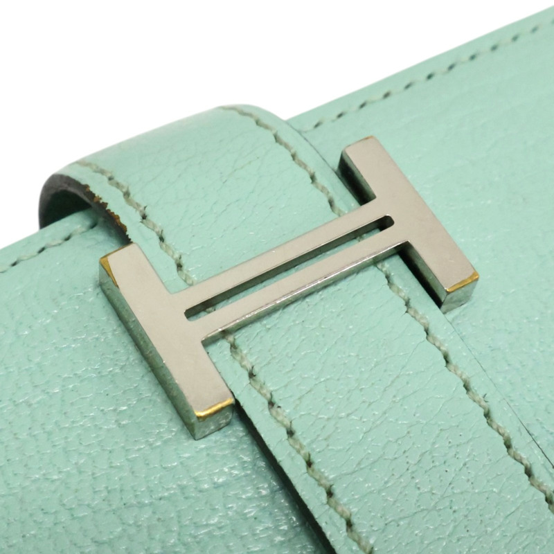 馬卡龍藍綠色 Chevre山羊皮 Bearn 兩折 長夾 A刻 銀釦【HERMES 愛馬仕】-9