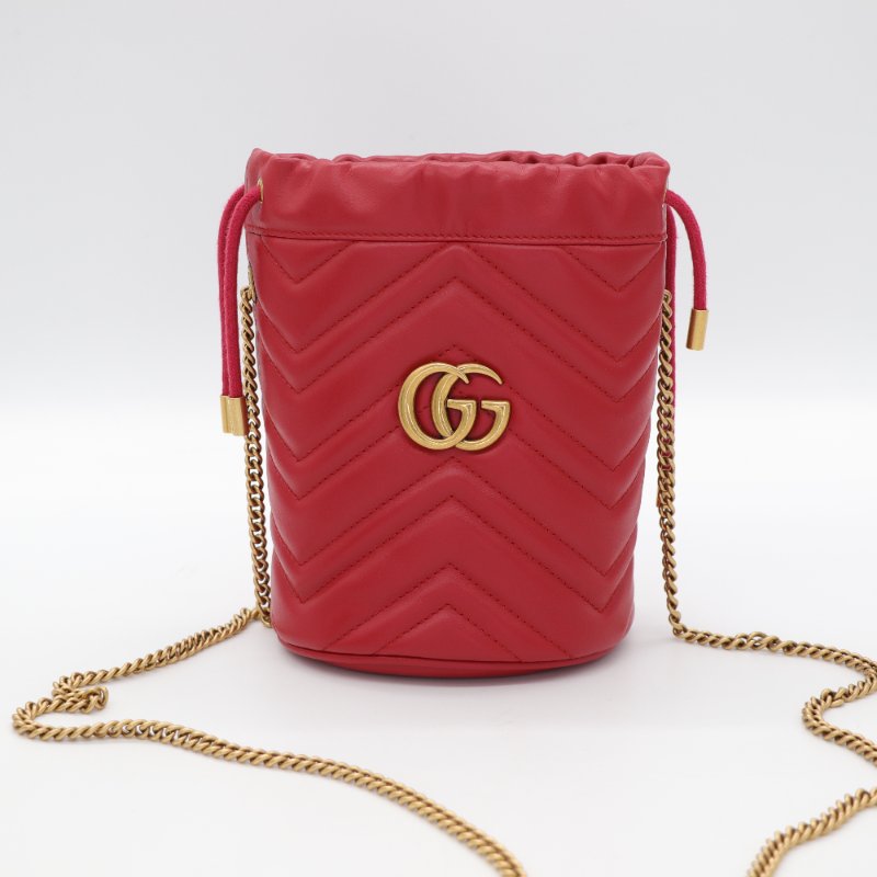 Gucci 古馳 Marmont Bucket 紅色 牛皮 金釦 水桶包 斜挎包 鏈條包-1