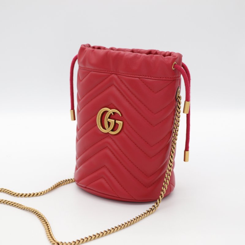Gucci 古馳 Marmont Bucket 紅色 牛皮 金釦 水桶包 斜挎包 鏈條包-2