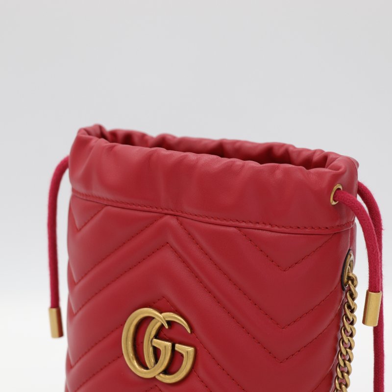 Gucci 古馳 Marmont Bucket 紅色 牛皮 金釦 水桶包 斜挎包 鏈條包-3