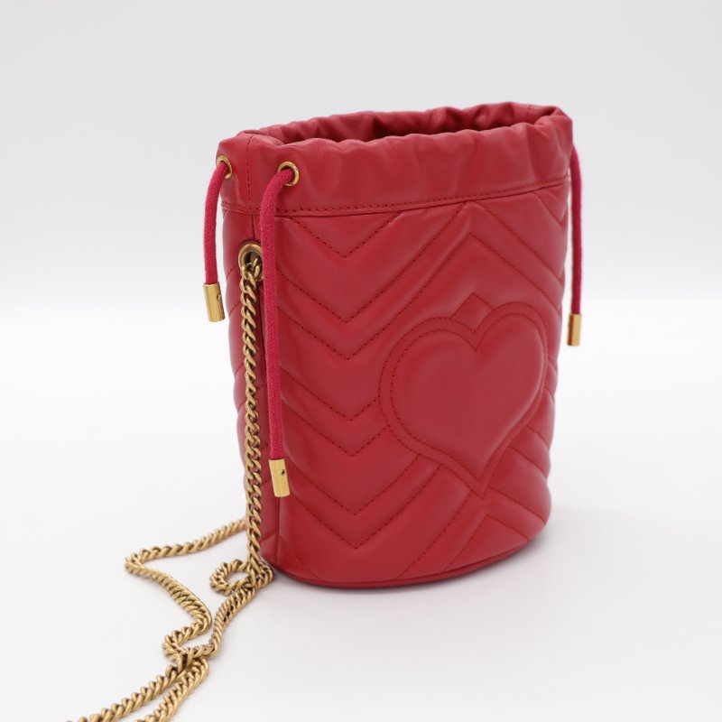 Gucci 古馳 Marmont Bucket 紅色 牛皮 金釦 水桶包 斜挎包 鏈條包-5